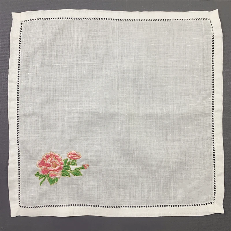 12 PCS Wedding Handkerchief White Pure Ramie Fabric Handkerchief Rose Embroidered 13X13 inch