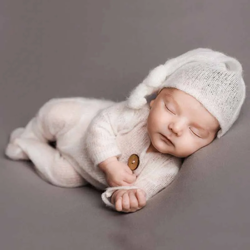 2 Pcs MohairทารกRomperชุดหมวกทารกแรกเกิดการถ่ายภาพPropsถักBodysuitหมวกหางยาวชุดทารกถ่ายภาพผ้า