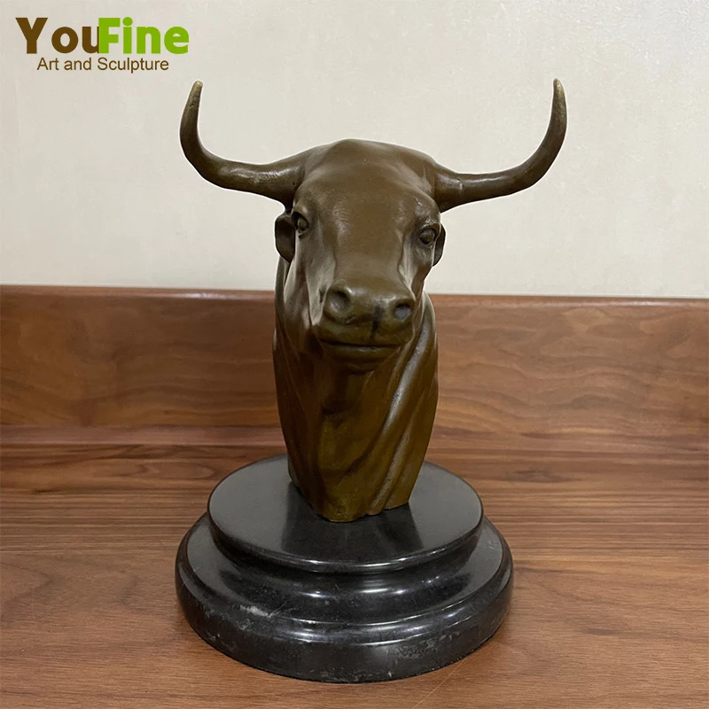 Pure Bronze Bull Head Statue on Marble Base Bronze Bull Bust Sculpture Vintage Bull Ox Head Bust Statue Western Art Decoration