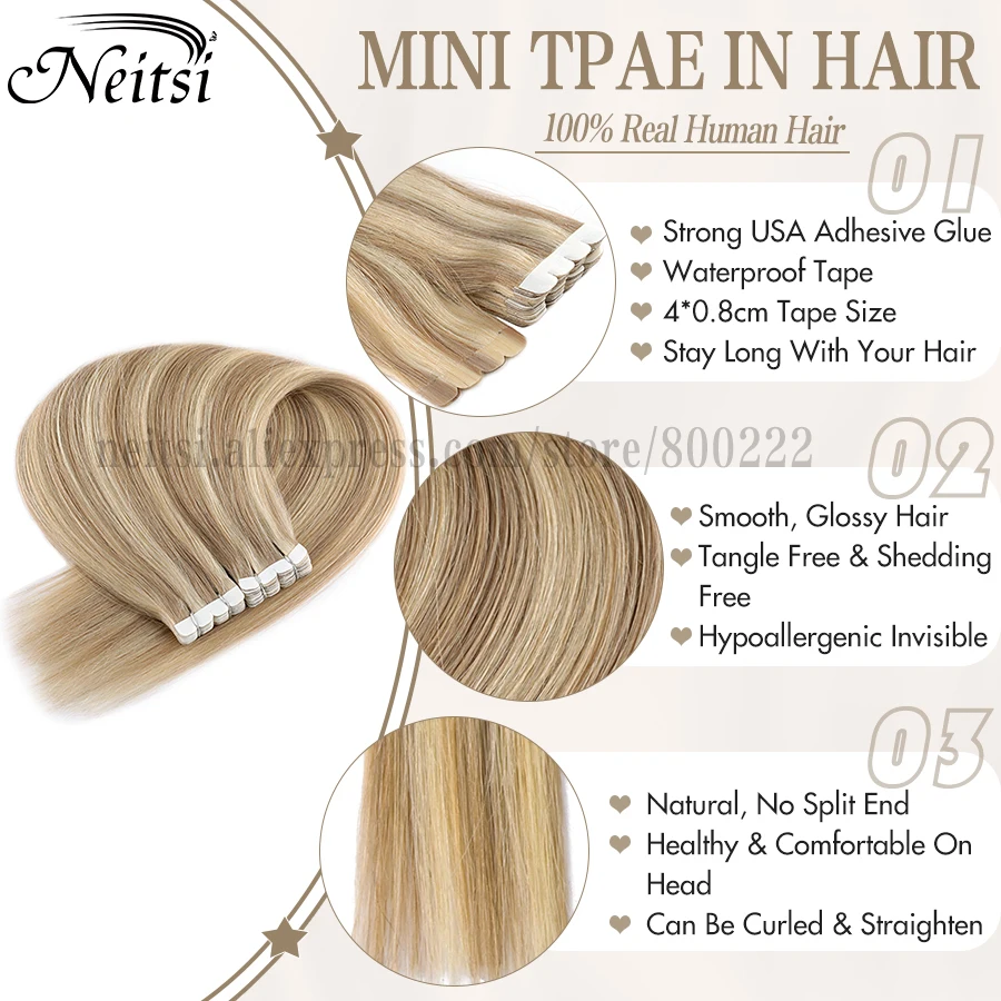 Neitsi ombre cor mini fita em extensões adesivas de cabelo humano trama de pele reta 100% natural real mega cabelo 12 \