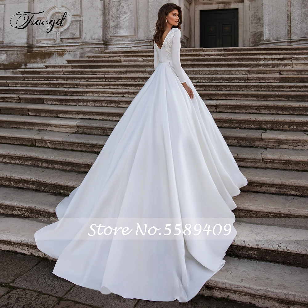 Traugel Vestidos De Novia Long Sleeve Muslim Satin Wedding Dresses Elegant Applique Beaded Court Train Lace A Line Bridal Gown