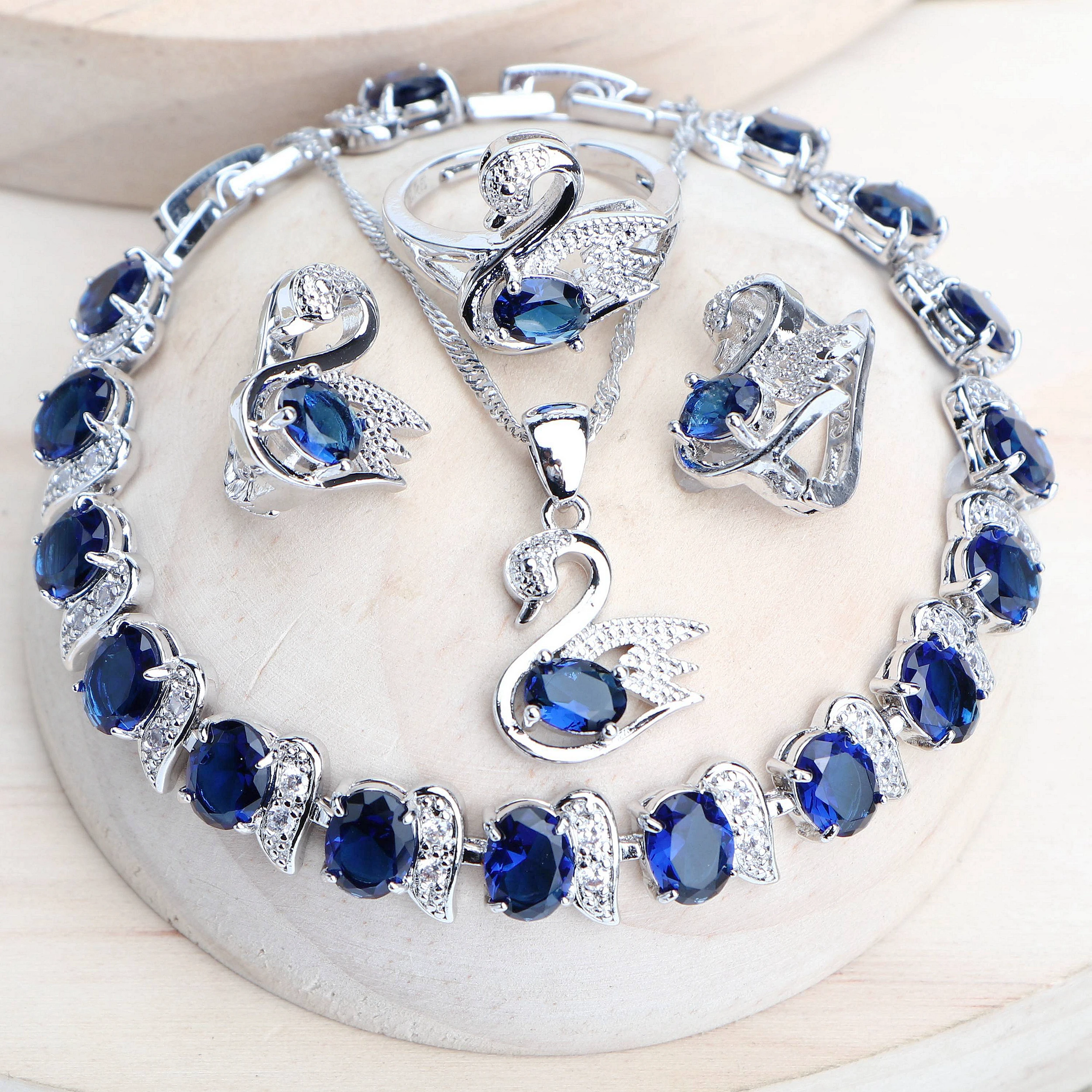 Modne damskie zestawy biżuterii ślubnej dla 925 Sterling Silver niebieska cyrkonia sześcienna kolczyki ślubne pierścionki bransoletki wisiorek naszyjnik