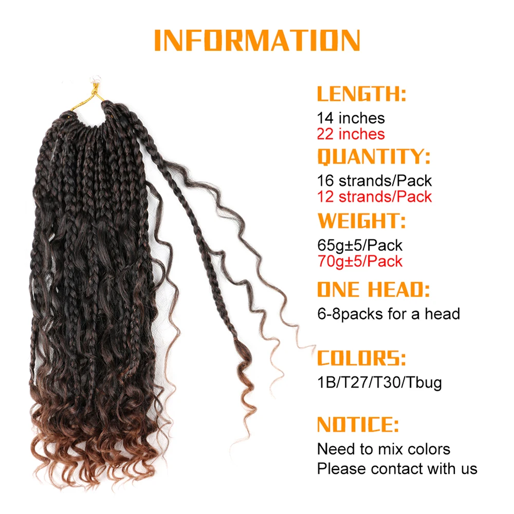 Bohemian Messy Box Braids Crochet Hair 14 Inch Goddess 3X Braids Curly End Pre Looped Ombre Braiding Hair Extension For Women