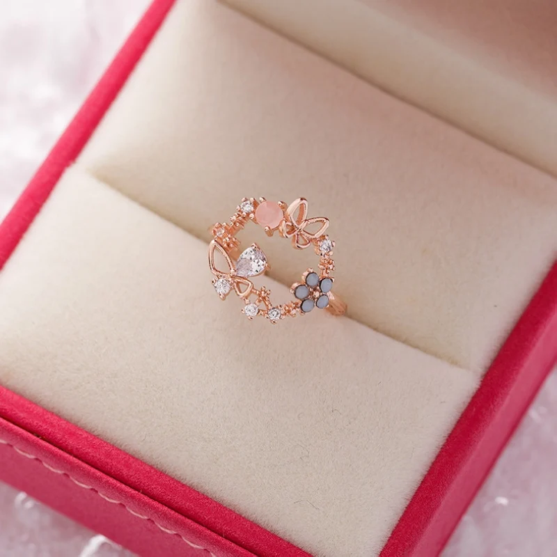 Simple Flower Ring For Women Female Cute Bow Finger Romantic Birthday Gift For Girlfriend Fashion Zircon Stone Jewelry