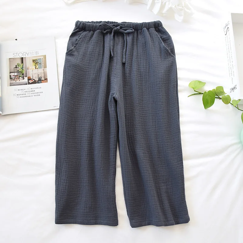 Men\'s Pajama Trousers Summer Cropped Pants Cotton Crepe Solid Color Plus Size Pajama Pants Mens See Through Sleepwear