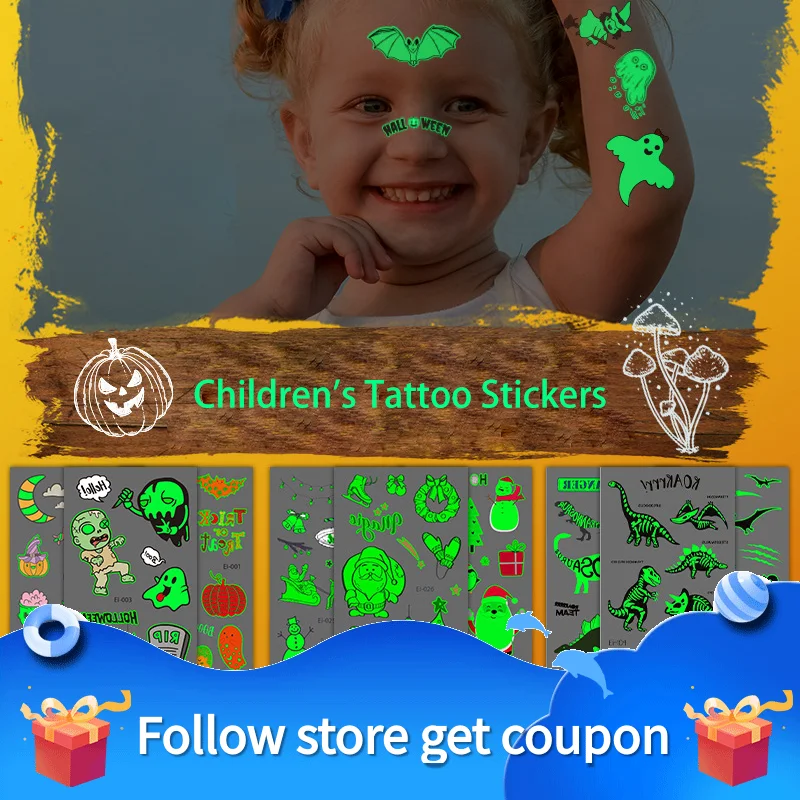 Children's Tattoo Stickers Waterproof Luminous Temporary Cartoon Body Art Arm Leg Face Halloween Mermaid Unicorn Anime Baby Gift