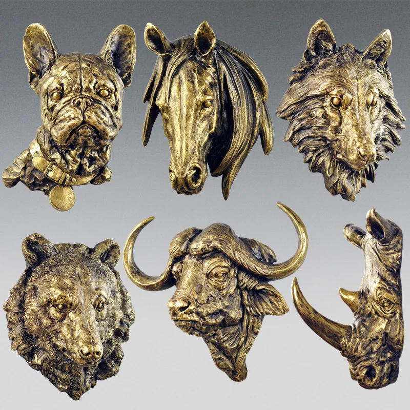 Retro Resin Wall Hanging Animal Head Decoration Art Sculpture Lion Bear Head Home Wall Decor Handmade Craft Mural Animal Statue