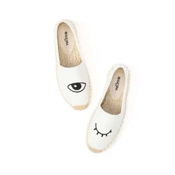 Personalized eyes embroidery straw shoes ladies casual flat comfortable espadrilles one-legged lazy shoes