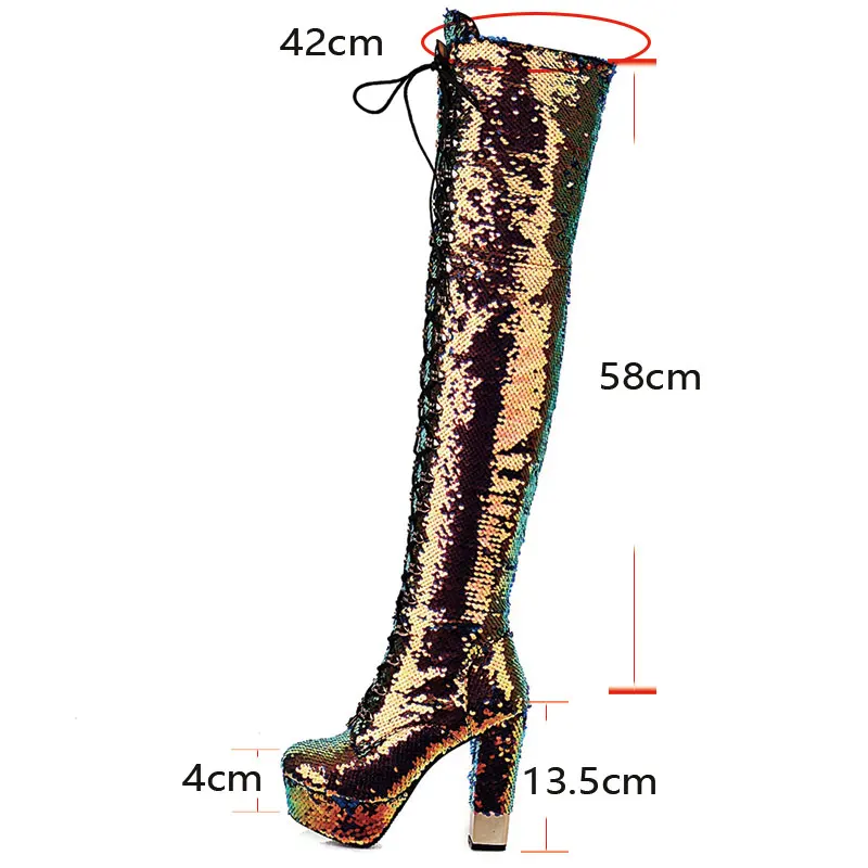 Lasyarrow Sequined Boots Platform Bling Bling Over The Knee Boots Side Zipper Straight Boots Stage Shoes Ultra High Heel Silver