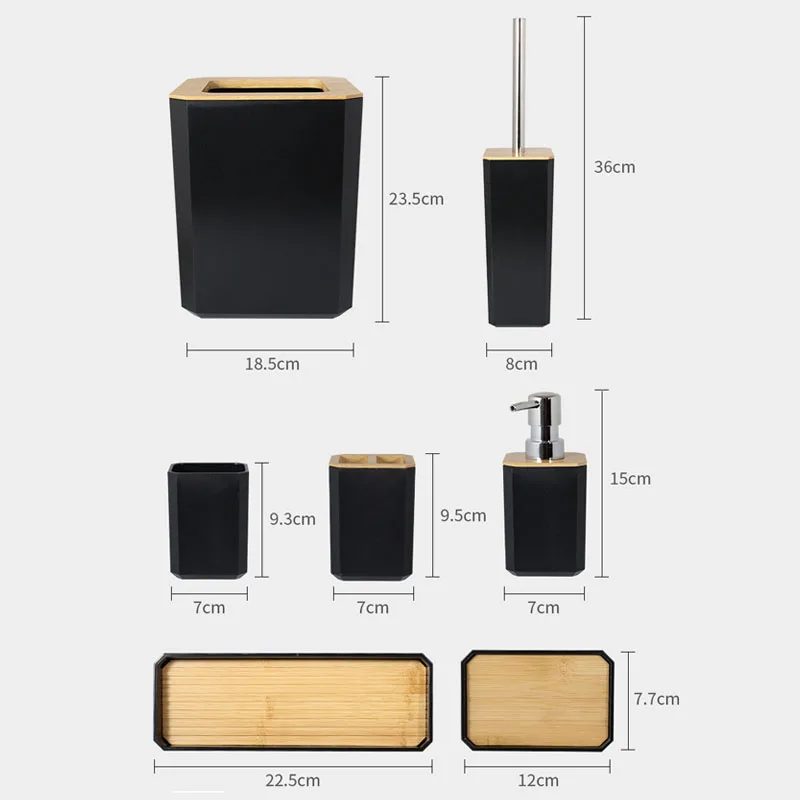 Bamboo Bathroom Accessories Set Plastic Bathroom Kit Soap Dispenser, Toothbrush Cup, Soap Dish, Toilet Brush Holder,Trash Can