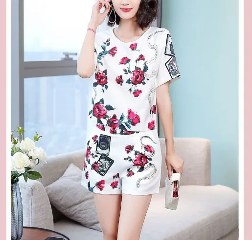 Runway New Summer clothing set women vintage Chain printed blouses short sleeved tops and retro pattern shorts pants suit NS846