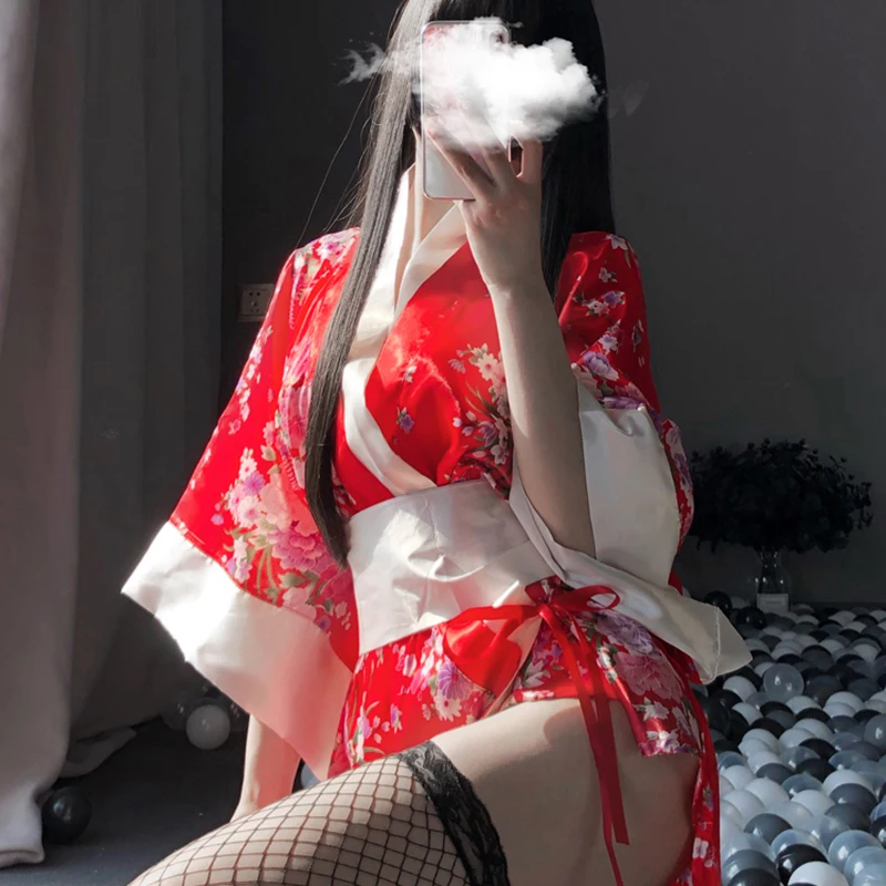 Seragam Kimono Satin Jepang Lingerie Seksi Piyama Erotis Seks Panas Babydoll untuk Wanita Pakaian Seks Porno Gaun Mini Pakaian Tidur