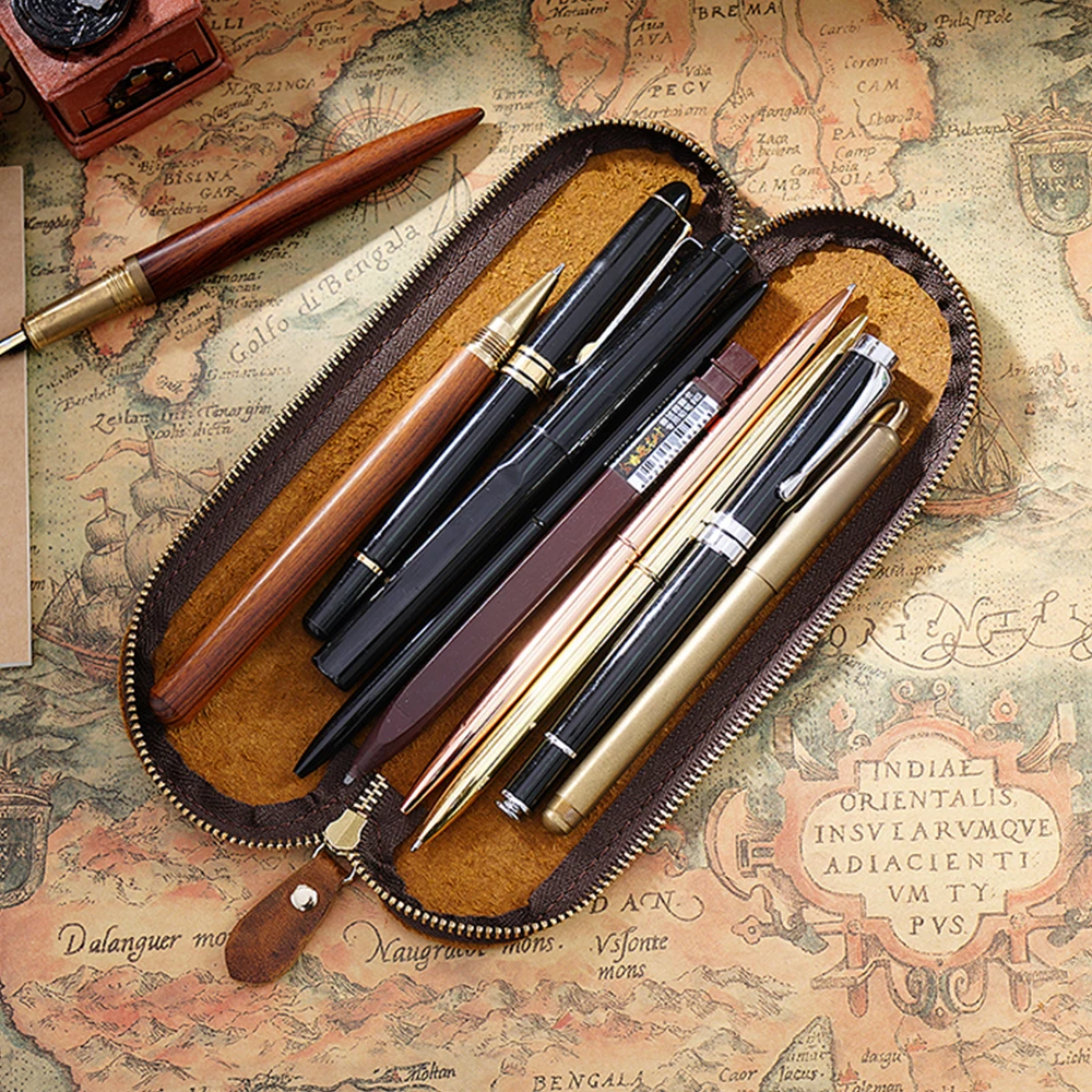 Genuine Leather Handmade Zipper Pen Pencil Bag Vintage Retro Style Creative School Stationary Accessories Supply Sell in Bulk