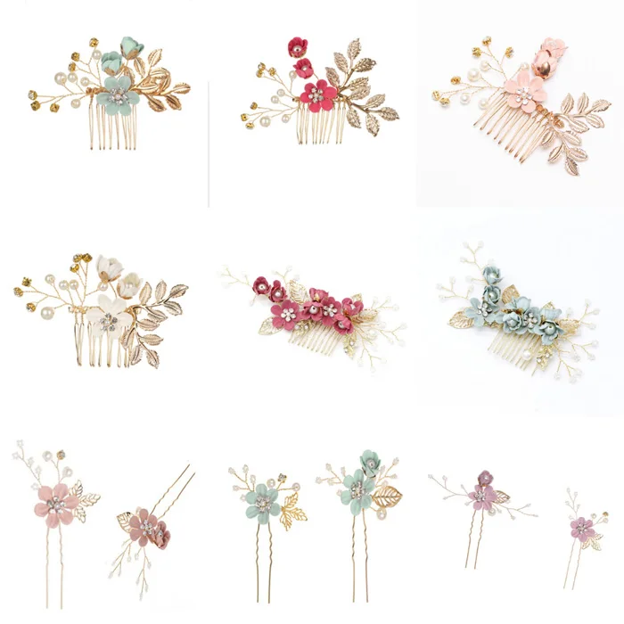 Blue Hot pink Mint Lavender Flower Hair Combs Headdress Prom Bridal Wedding Hair Accessories Gold Leaves Hair Jewelry Hair Pins