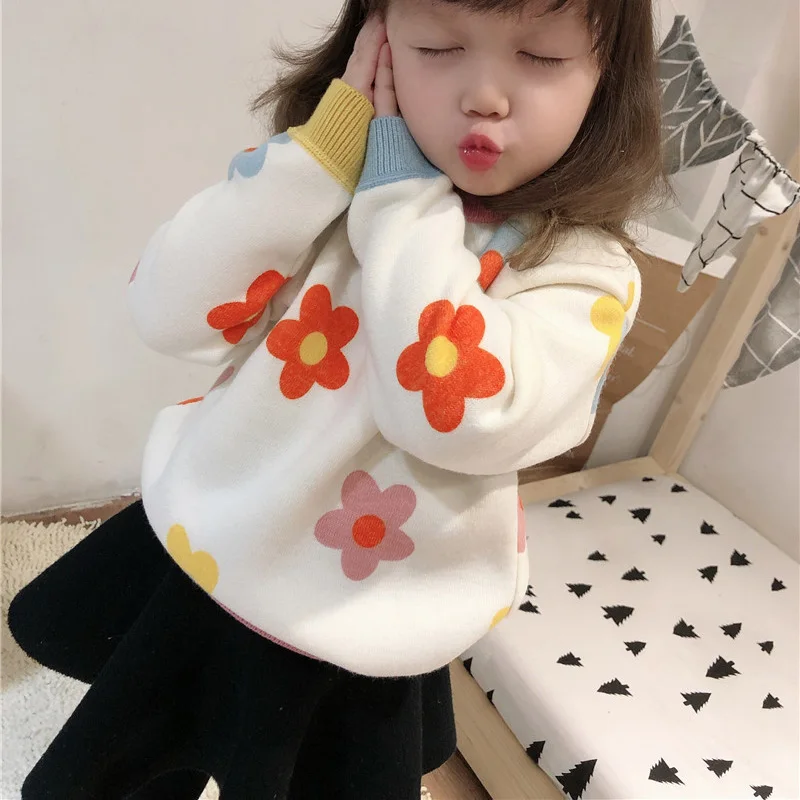 2024 Autumn Winter Girls Floral Knitted Sweater Baby Kids Thick Keep Warm Long Sleeve Tops Toddler Children\'s Pullover for Girls