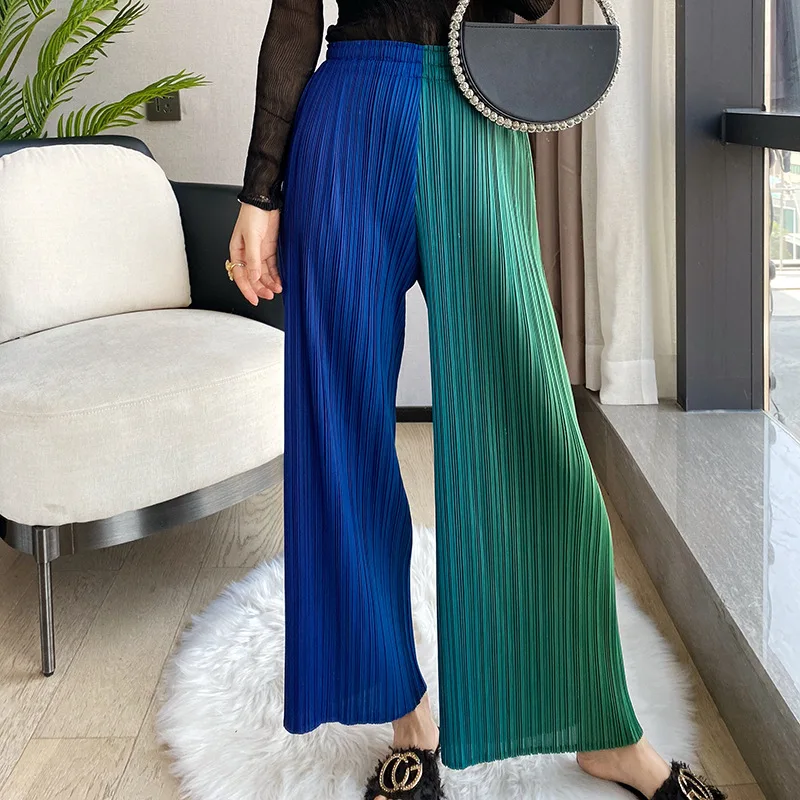 

2024 Spring Miyake PleatedStraight Wide-Leg High Waist Nine Minute Rainbow Print Pants Women Foreig Gas Spot