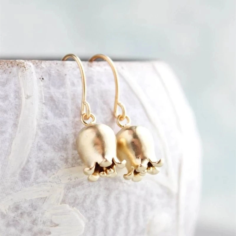 Lily of the Valley Brinco Matte Gold Color Bell Flower Small Tulip Dangle Earrings for Women Female Drop Earring Fashion Jewelry