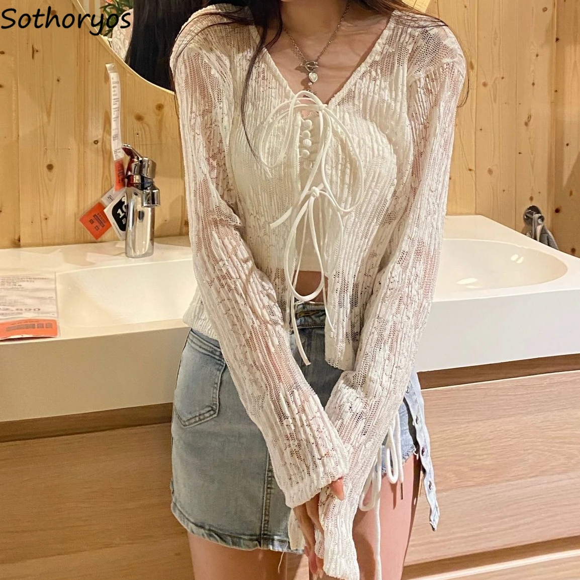 

Women Shirts Solid Lace Sweet Lovely Retro Trendy Cropped Fairy Elegant Gentle All-match Cardigans Daily Lace-up Teens S-4XL Hot