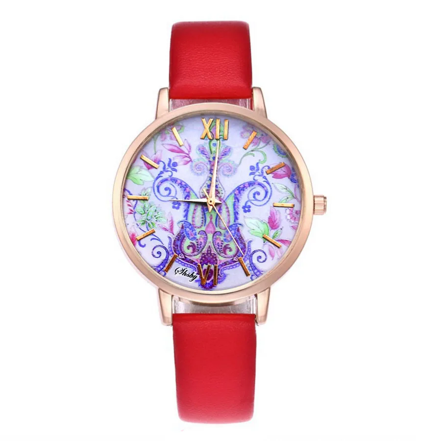 Shsby Brand Flowers Cowhide Leather Strap WristWatches Fashion Ladies Quartz Watch Women Dress Watches Femme Gold Casual Watch