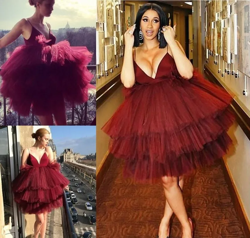 

Sexy Fluffy Tiered Short Prom Dress 2023 Burgundy Spaghetti StrapsTulle Evening Party Gowns New Celebrity Robe De Soiree