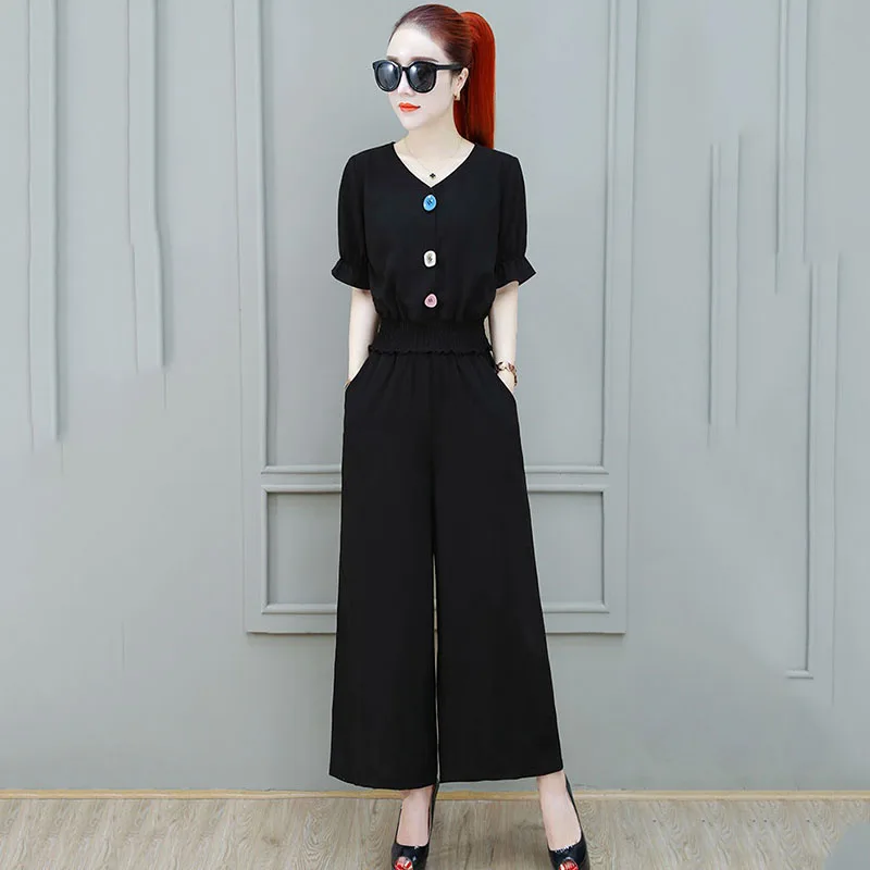 Summer Women Two-Piece 2021 New Top + Wide Leg Pants Ladies Suit Printed Elegant Female Short Blouse Mujer Feminina Skirt Pants