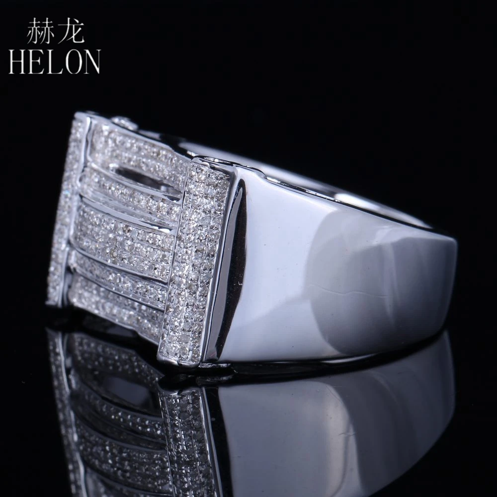 HELON Pave 0.7ct Genuine Natural Diamonds Men Ring Sterling Silver 925 Engagement Wedding Fashion Band Pinky Ring Diamond Ring