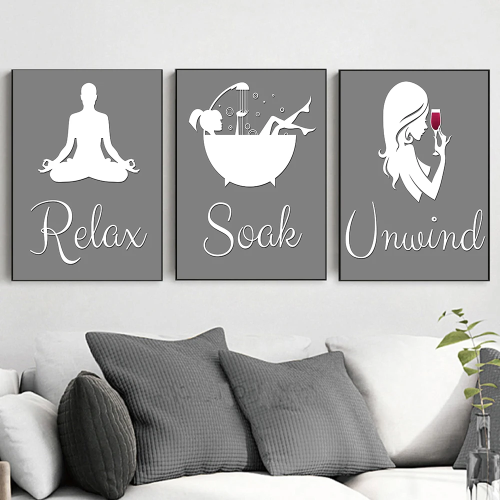 Funny Bathroom Sign Canvas Prints And Poster Relax Soak Unwind Quote Silhouette Art Painting Wall Pictures for WC Toilet Decor