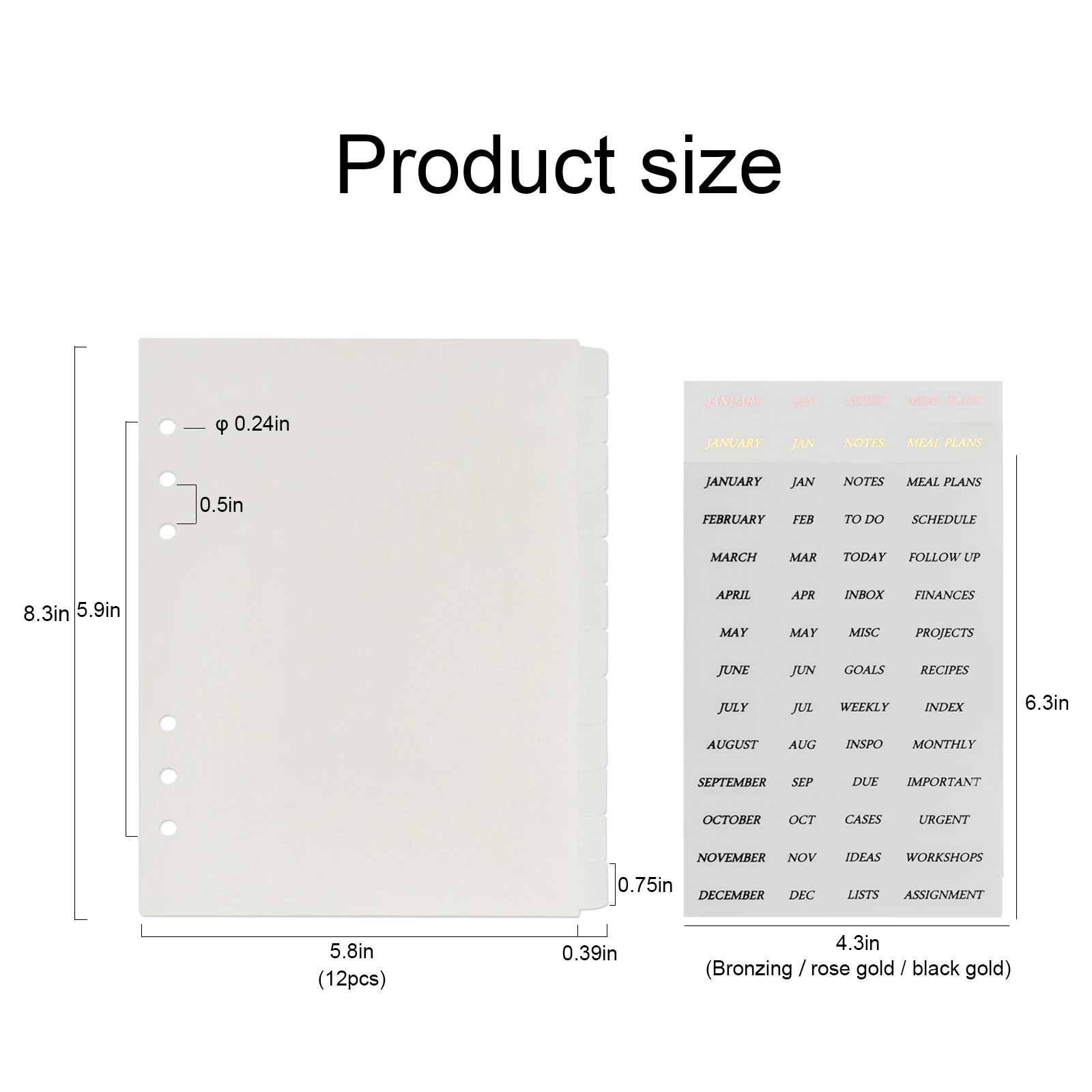 6 Holes 12 Pages Transparent White Index Divider Page With Month Label Sticker A5 PP Translucent Binder Index Divider Page