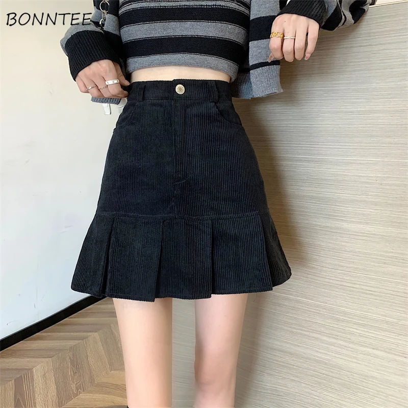 

Skirts Women Corduroy Classy Tender Retro Autumn College Ladies Pockets Cozy Ins Prevalent Basic Leisure All-match Feminino New