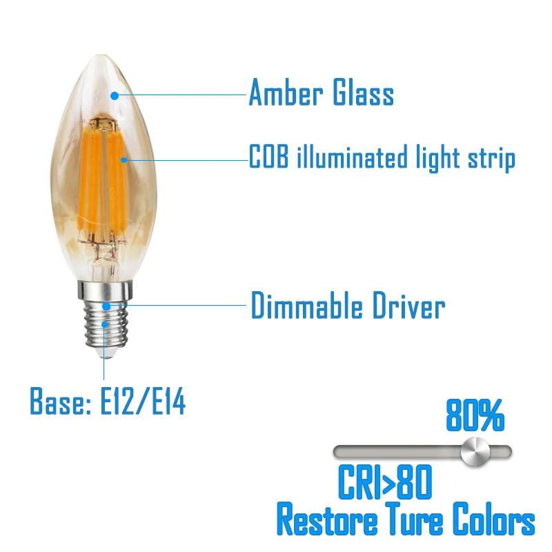 Pack of 6 Dimmable Amber C35 2W-8W Led Candle E14/E12 Vintage Retro Lamp 110V 220V Filament Bulbs Lamp For Chandelier Lighting