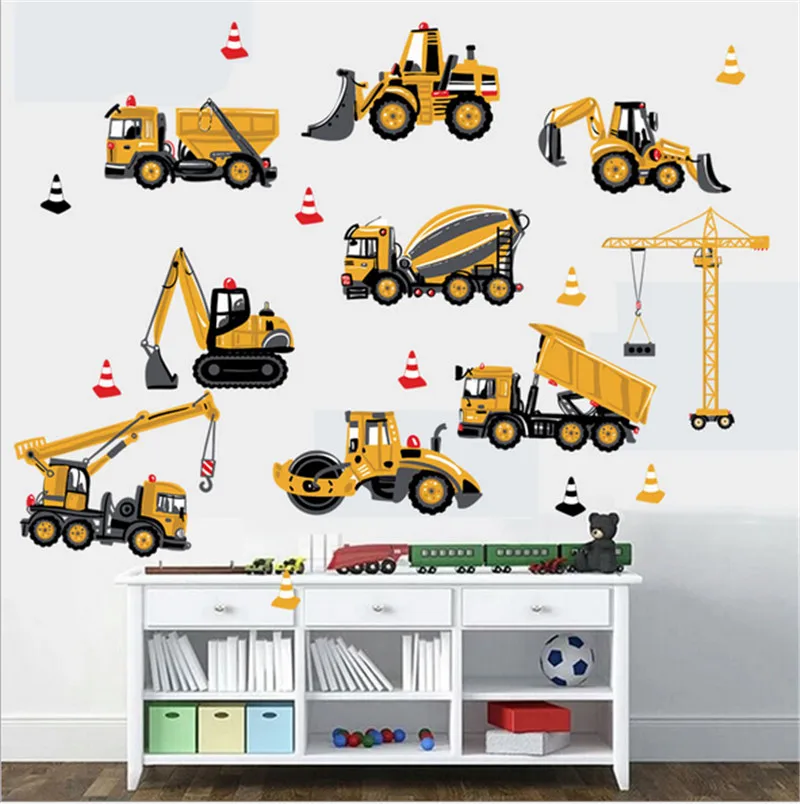 Cartoon Construction Vehicle Car Wall sticker build your future crane excavator kids boy bedroom decor decals