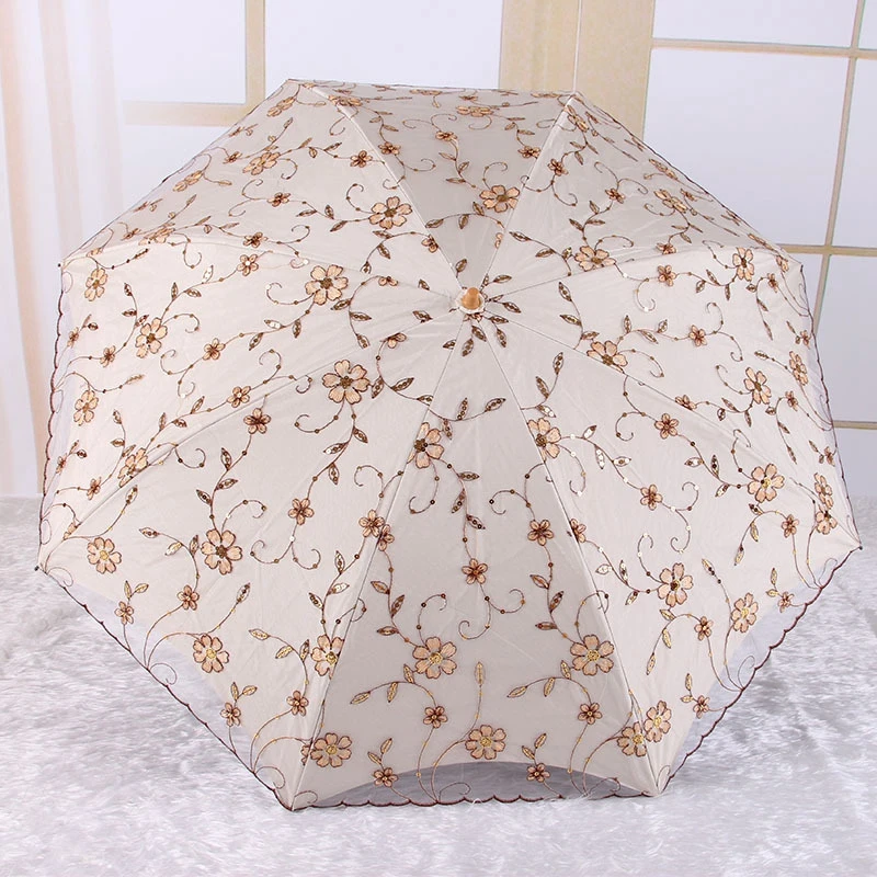 Lace Flower Folding Umbrella Embroider UV Protective Sun Rain Umbrella Pink Flower Print Princess Umbrella for Women