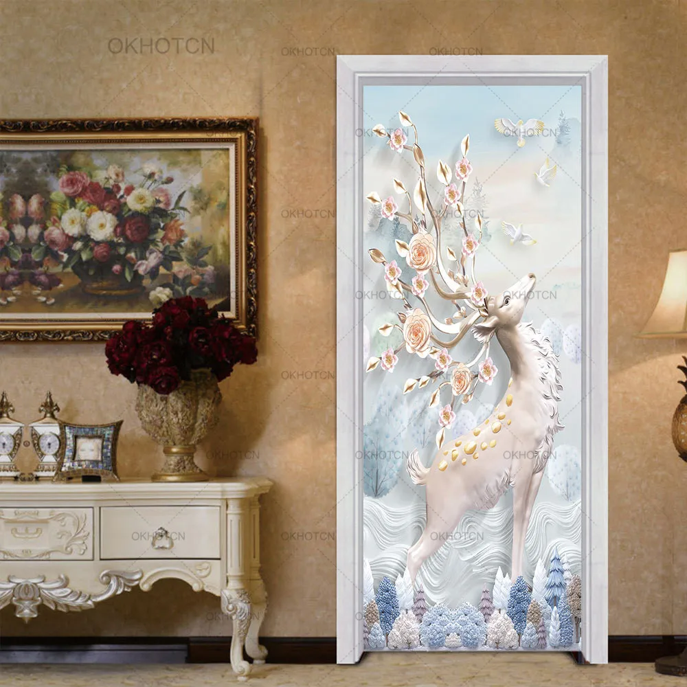 

Sika Deer Door Sticker Modern Home Decoration Decal DIY Door PVC Waterproof 3D Print Environment Wallpaper Animals Wall Stickers