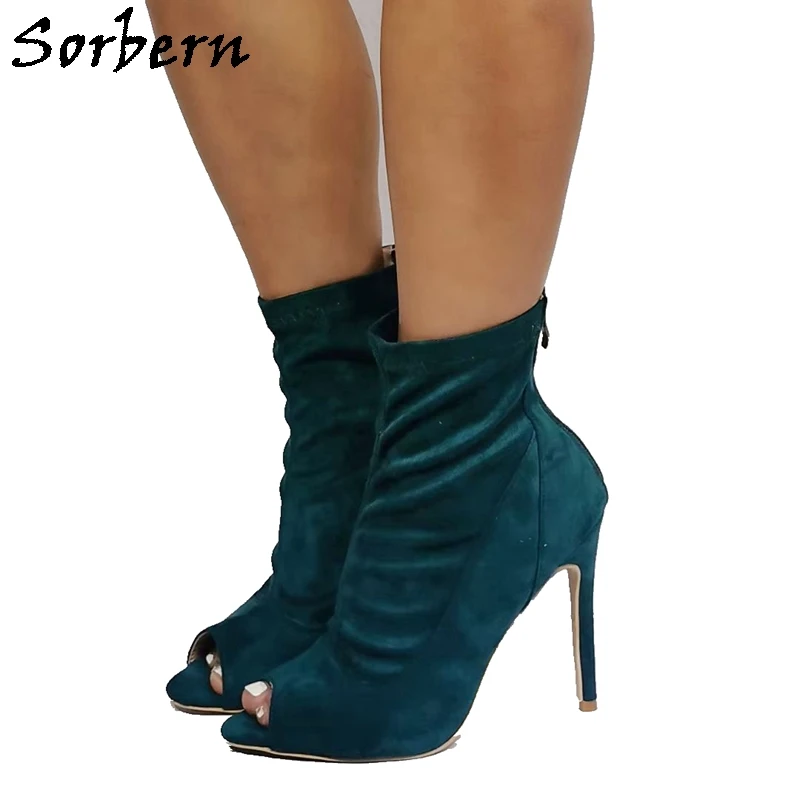 Sorbern Dark Green Ankle Boots For Women Open Toe High Heel Stilettos Back Zipper Female Shoes Elastic Cool Shoes