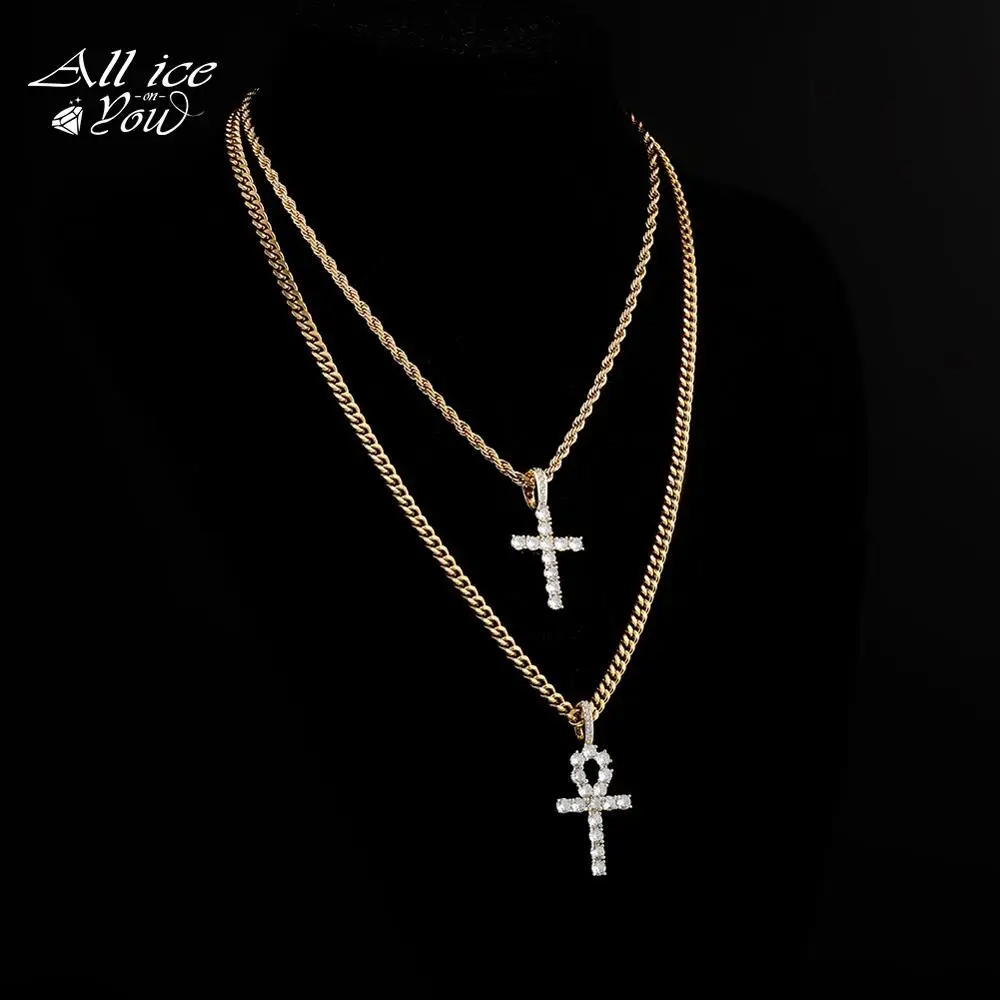 ALLICEONYOU New Iced Out Ankh Hip Hop 925 Sterling Silver Cross Pendant Necklace Jewery Set Cuban Chain Women Gift Female Shiny