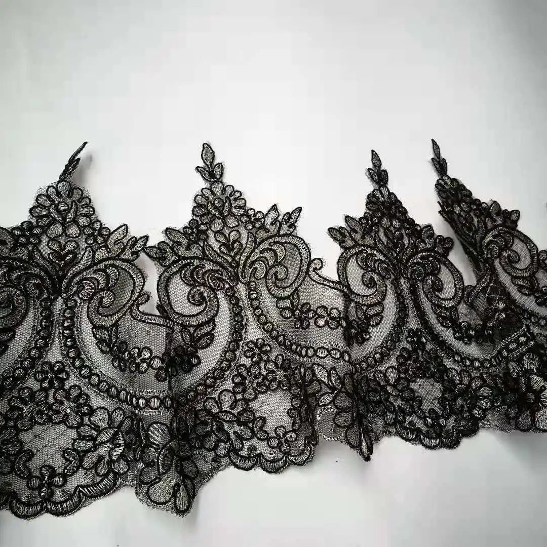 2Yards 20cm Wide Gold Black Thread Edge Polyester Embroidery Lace Trim for Bridal Wedding Gown Costume Design Lace Ribbon