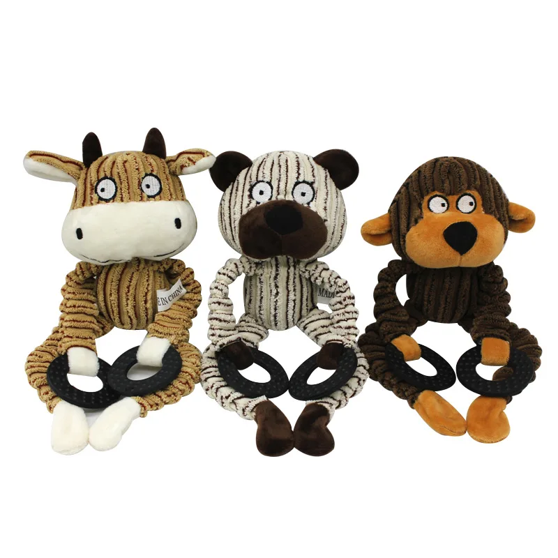 

Funny Cartoon Sounding Puppy Toy Three-color Rubber Ring Corduroy Plush Monkey Cattle Bear Toy Interactive Pet Doll