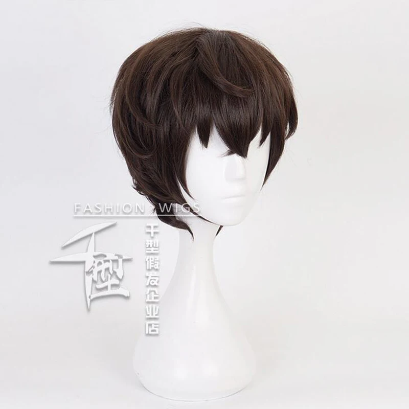 Dazai Osamu Wigs Anime Bungo Stray Dogs Short Curly Brown Hair Synthetic Cosplay Wig + Wig Cap