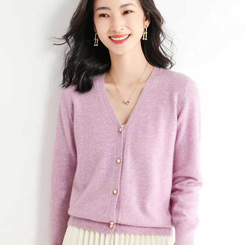 New Style Spring Autumn Cashmere Wool Women Sweater Casual Knit V-Neck Cardigan Warm Soft Wild High Quality Solid Color