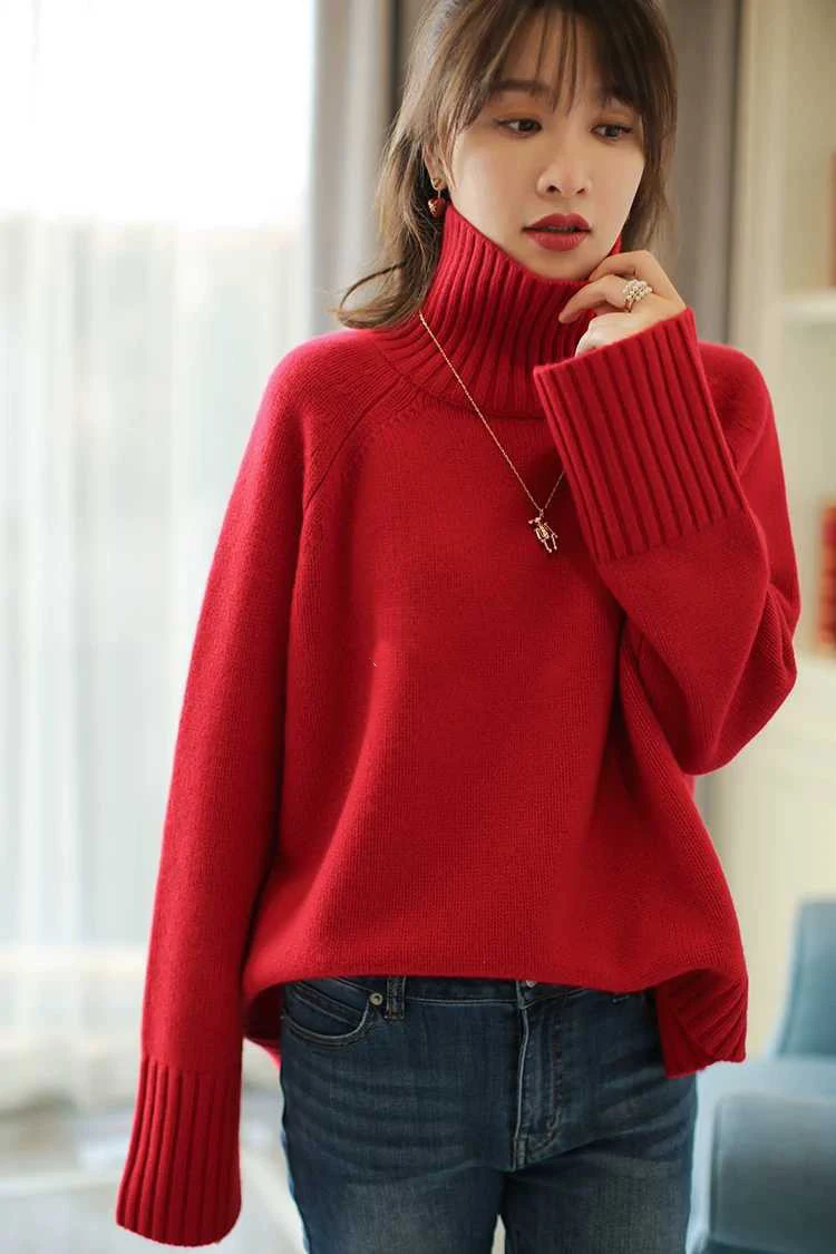 Autumn and winter thickened cashmere sweater women loose turtleneck loose large size solid color knit bottom