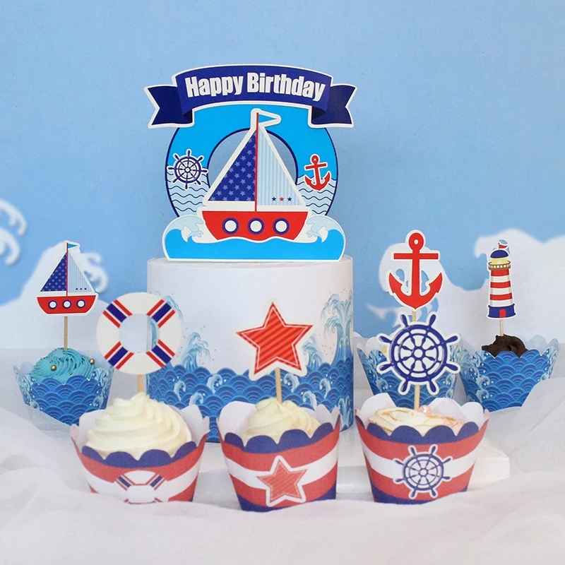 Anchor Cake Topper Sailing Boat Rudder Boys Kids Happy Birthday Wedding Decoration Blue Cupcake Decor Party Baking Supplies DIY