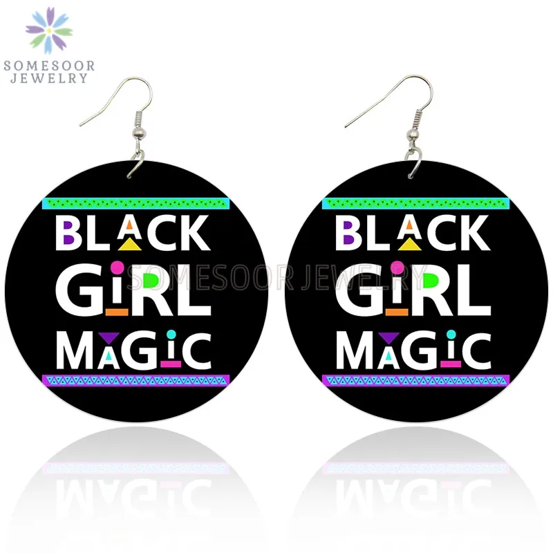 SOMESOOR Black Girl Magic Writings African Wooden Drop Earrings Afro Power Sayings Melanin Wood Dangle Jewelry For Women Gifts