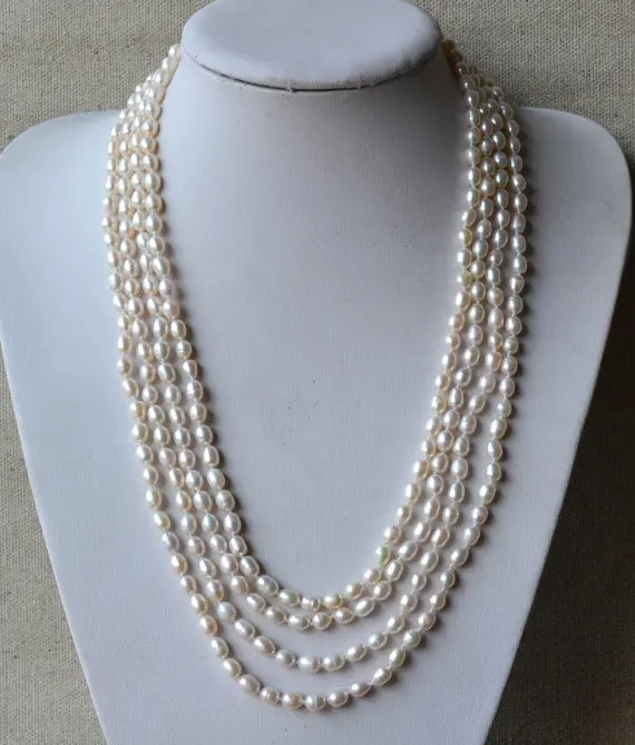 

Favorite Long Pearl Necklace 100inches White Rice Genuine Freshwater Pearl Jewelry Handmade Birthday Party Lady Gift