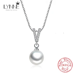 New 925 Sterling Silver Freshwater Pearl CZ Pendant Necklace Fine V Glyph Rhinestone Drop Necklaces Women Wedding Jewelry Gift