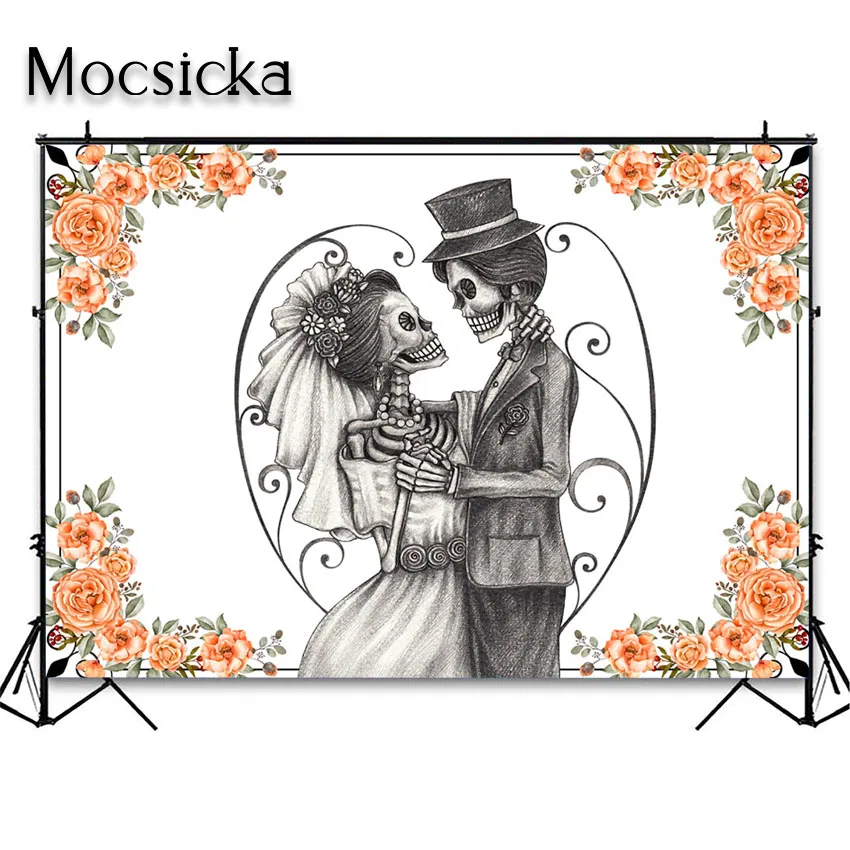 Mocsicka Halloween Until Death Do Us Part Skeleton Wedding Backdrop Skeleton Bride and Groom Day of The Dead Decorations Banner