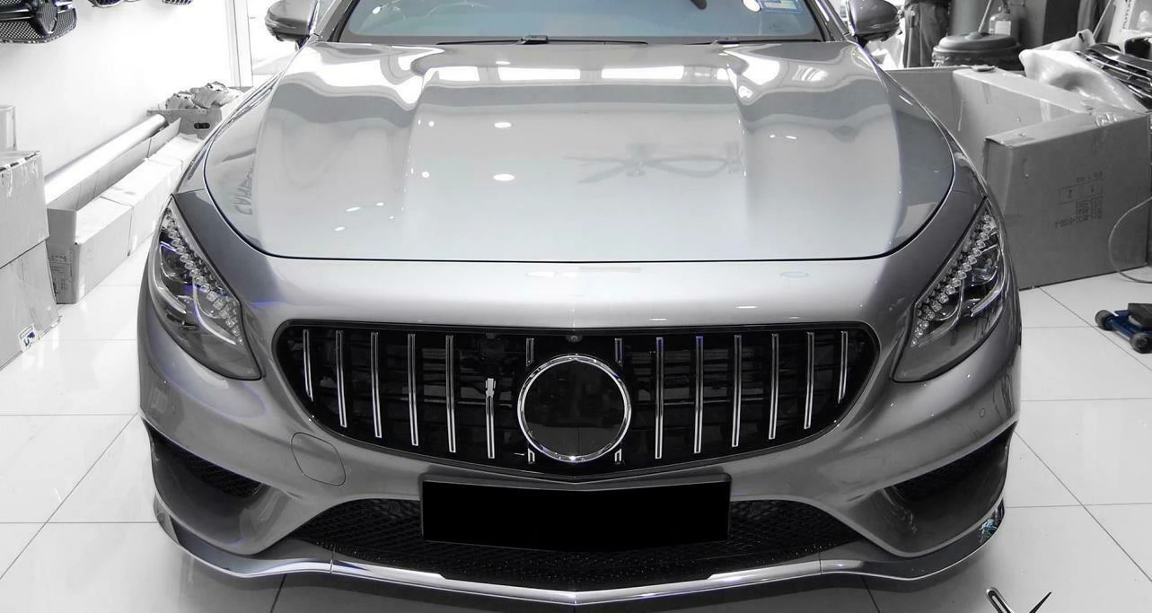 GT Style Upper Bumper Hood Mesh Grid Front Grille Racing Grill For Mercedes-Benz C217 W217 S Class Coupe S500 S550 S560 2015-17