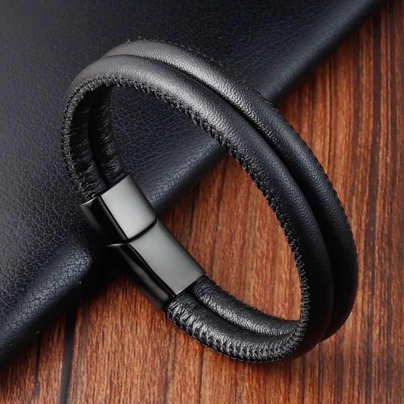 Trendy Accessories Stainless Steel Men's Leather Bracelet Multilayer Combination Magnet Clasp Adjustable Closure Big Discount
