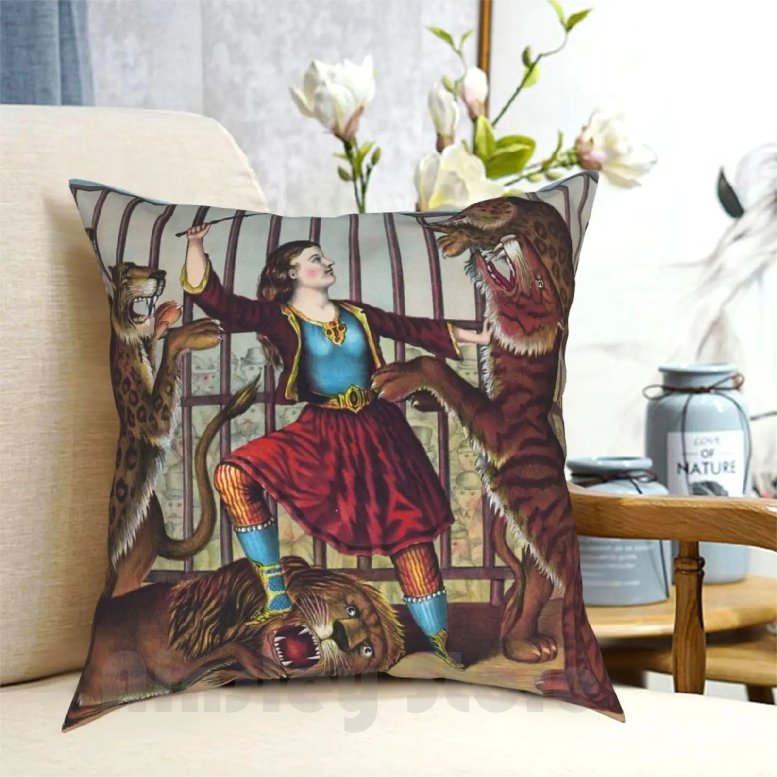 The Lion Queen-Vintage Circus Art , 1873 Pillow Case Printed Home Soft DIY Pillow cover Lion Tamer Animals Circus Performer