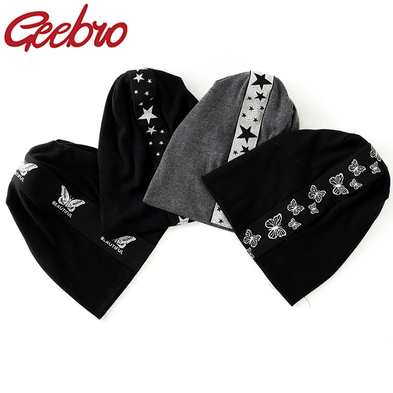 Geebro-gorros elásticos de algodón para mujer, gorros suaves multicolor con cinta de estrella y mariposa, gorro liso informal de primavera