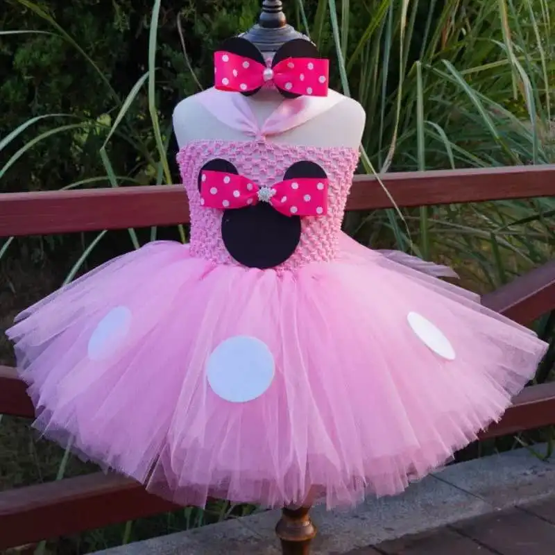 Cute Girls Pink Mickey Tutu Dress Baby Crochet Tulle Dress with White Dots and Hairbow Kids Birthday Party Costume Cosplay Dress